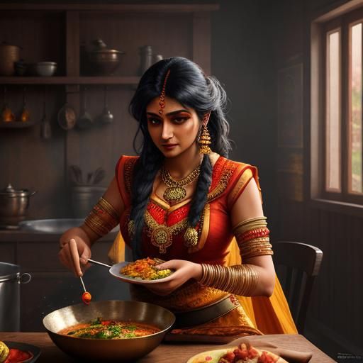 Indian Girl Cooking: Detailed Matte Painting in 8K