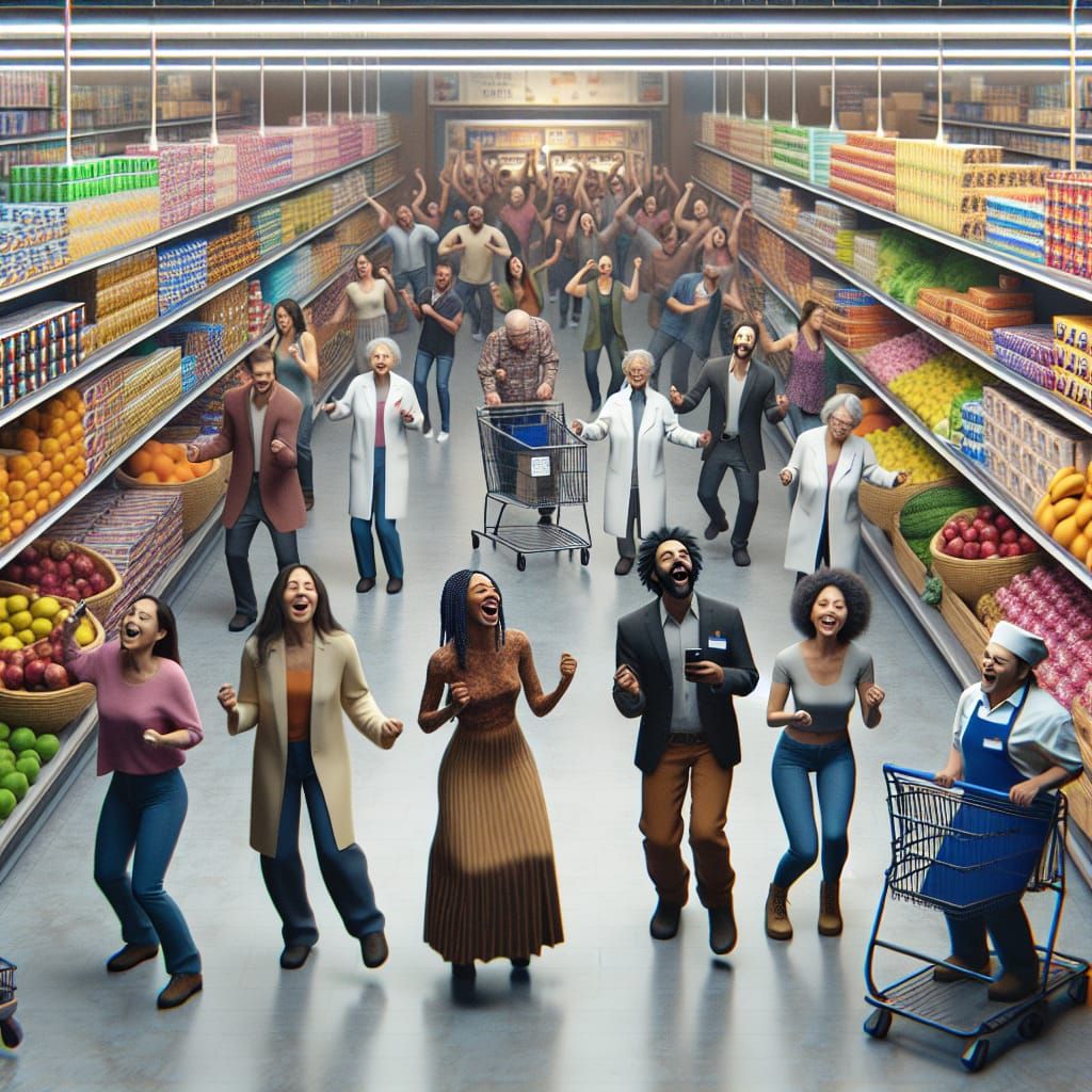 Diverse Community Unites in Vibrant Supermarket Dance