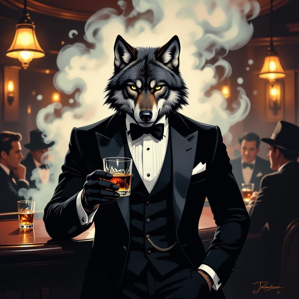 Refined Wolf Man in Speakeasy, Vintage Illustration Style