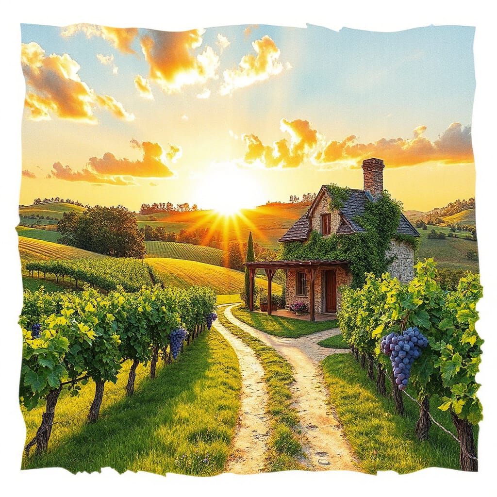 Serene Vineyard Landscape in Dreamy Watercolor