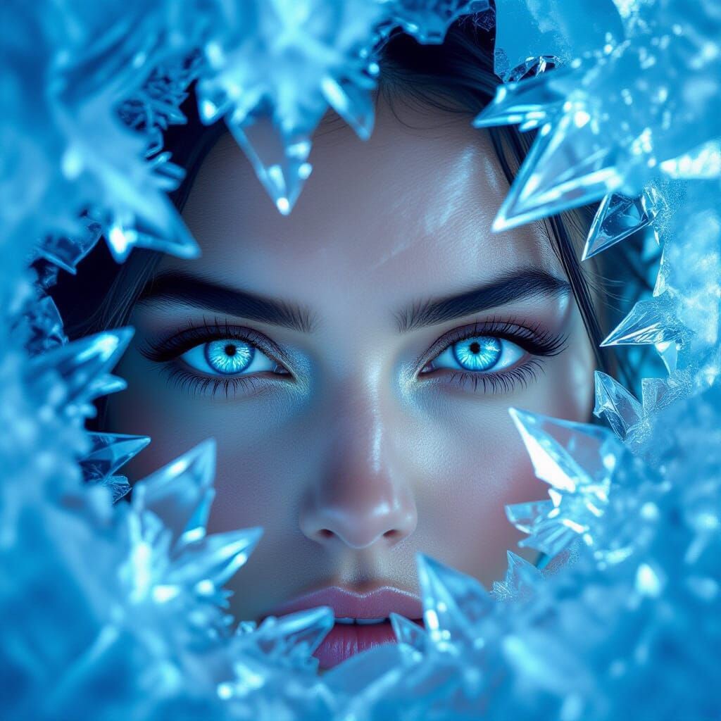 Frozen Eyes Peer Through Abstract Ice Shards