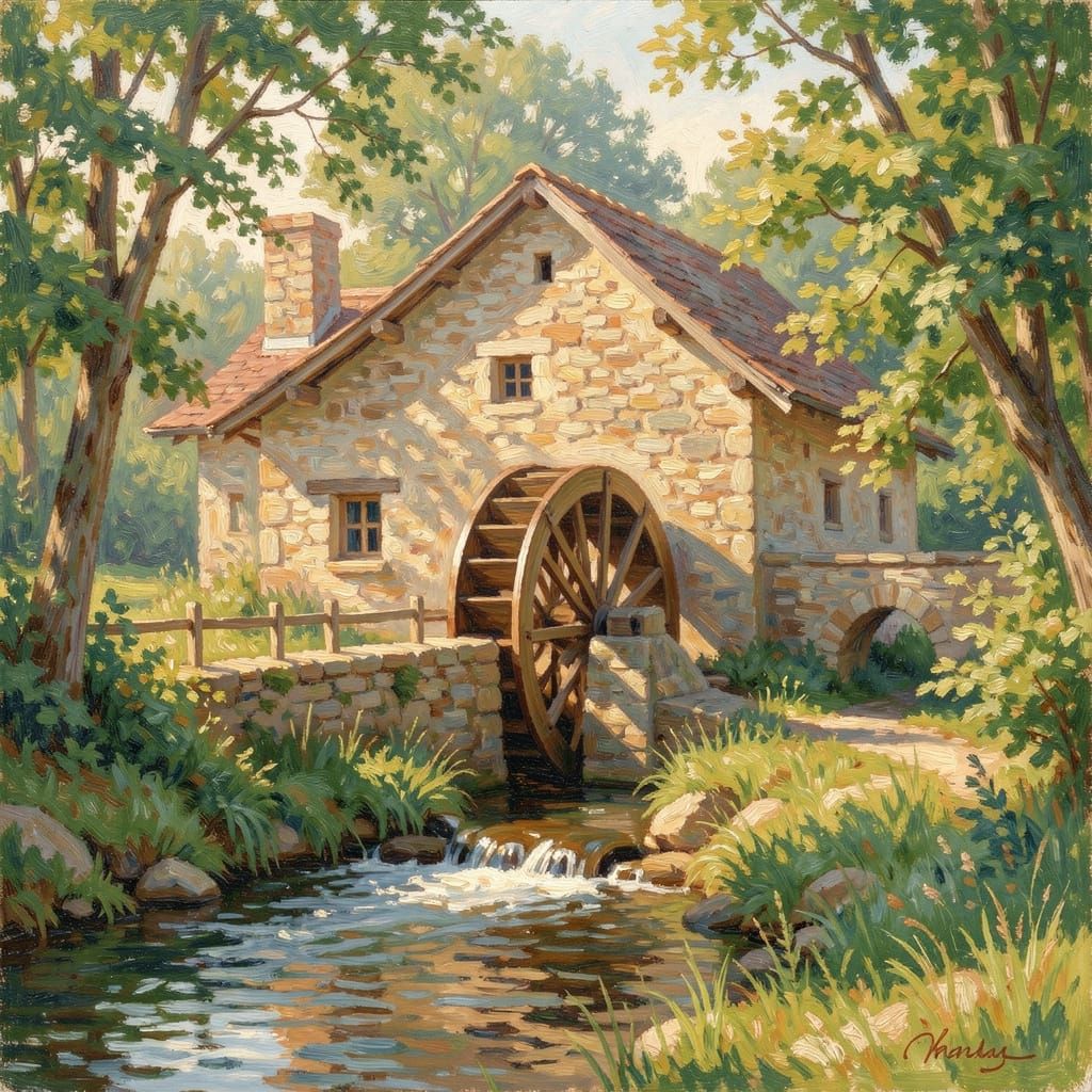 Serene Watermill by River in Impressionist Style