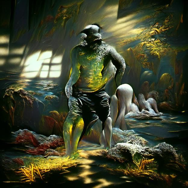 Swamp Creature in Boardshorts, Hyperrealistic Art