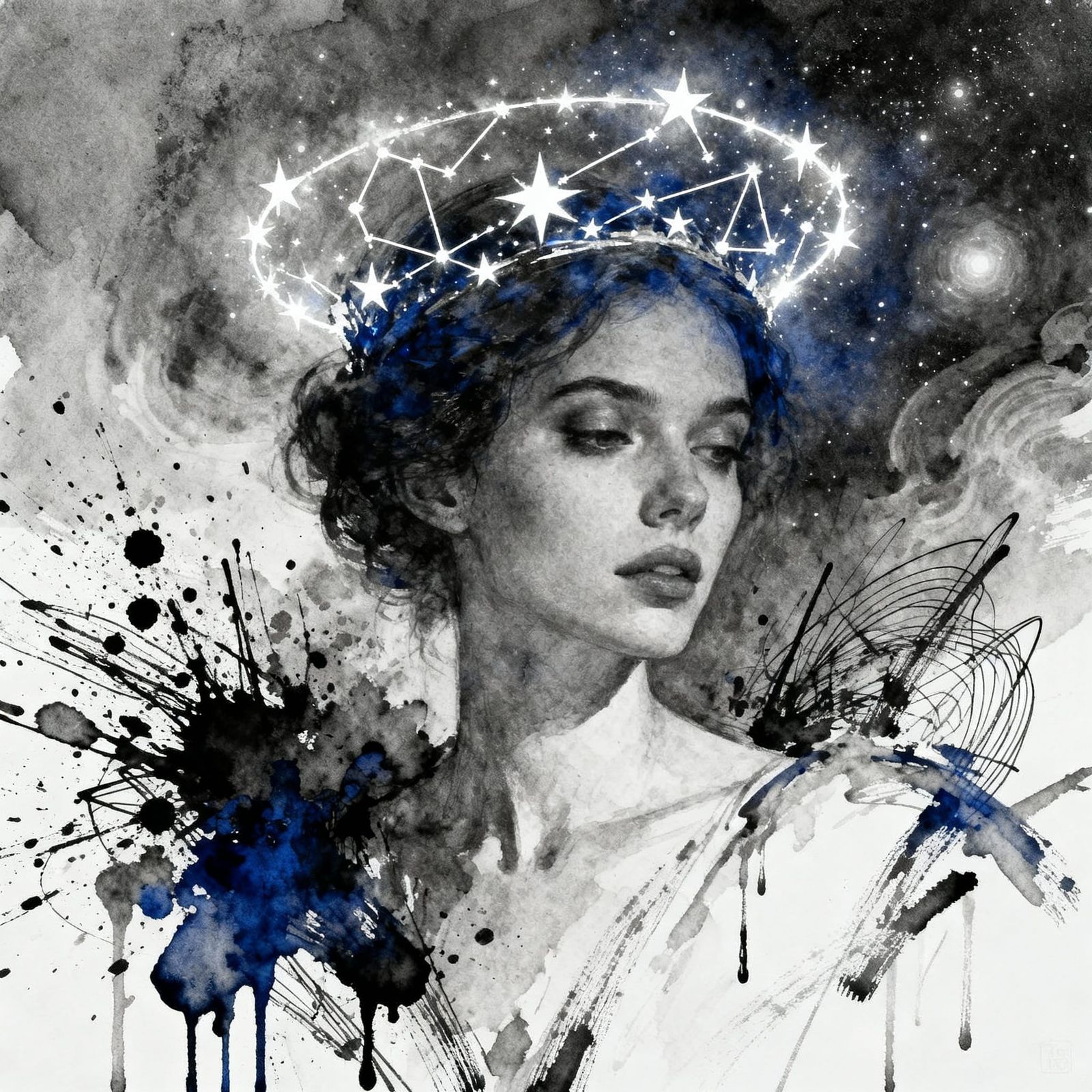 Surreal Woman with Star Crown in Cosmic Dreamscape