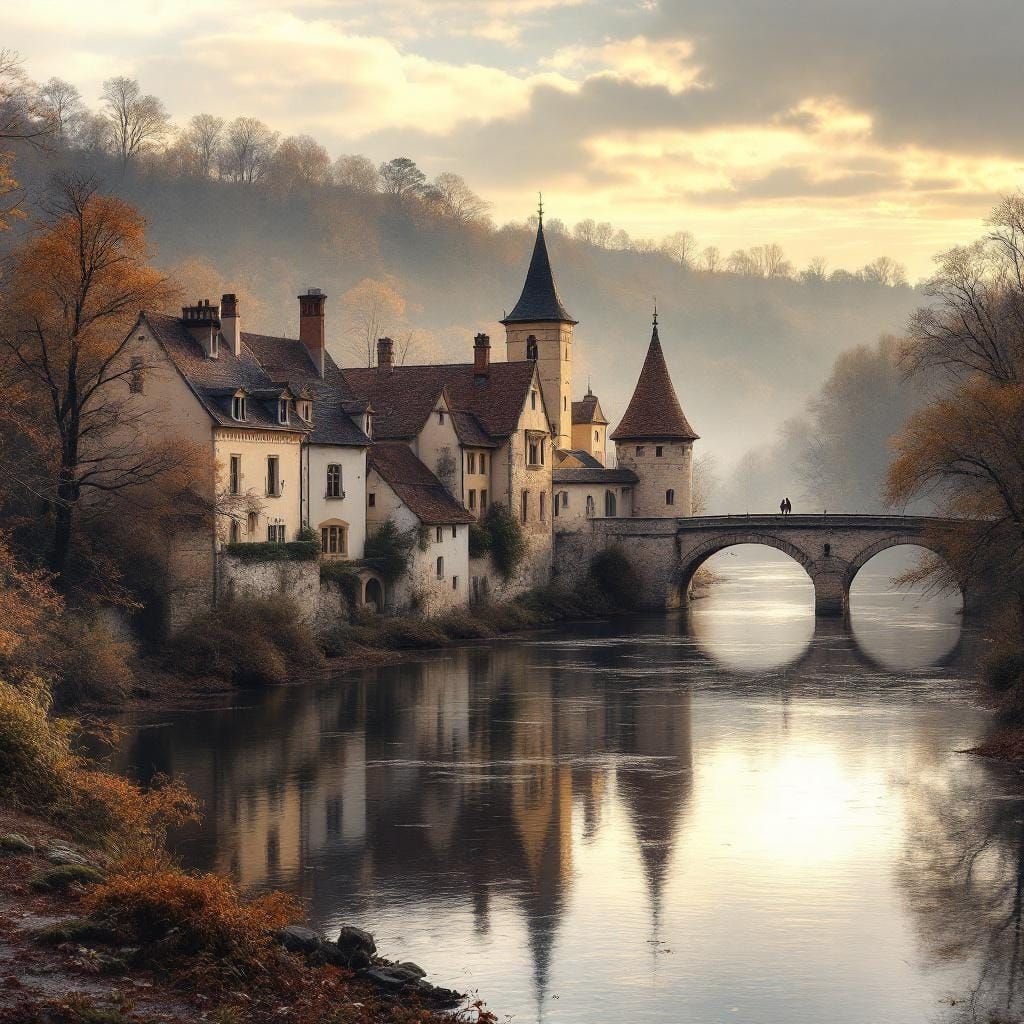 Medieval French Village at Dawn in Autumn