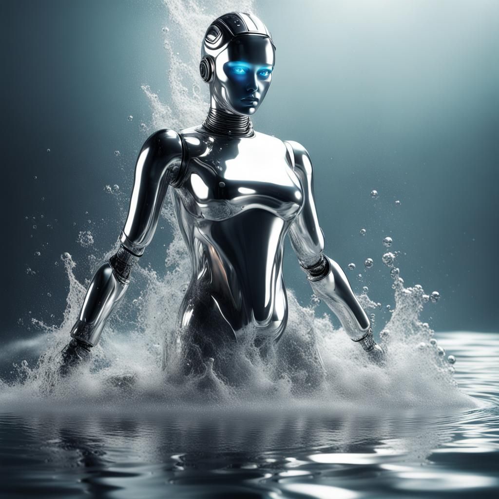 Metallic Robot Emerges from Water: Liquid Photography