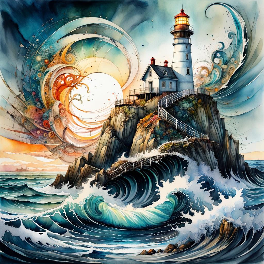 Seascape Lighthouse in Detailed Watercolour Art