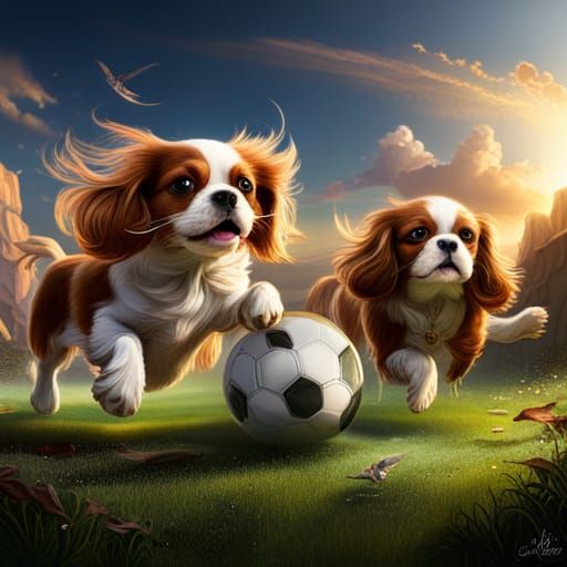 Cavalier King Charles Spaniels playing soccer