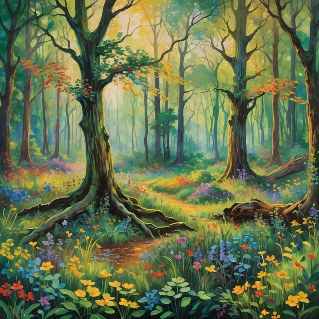 Mystical Forest at Dawn in Impressionist Style