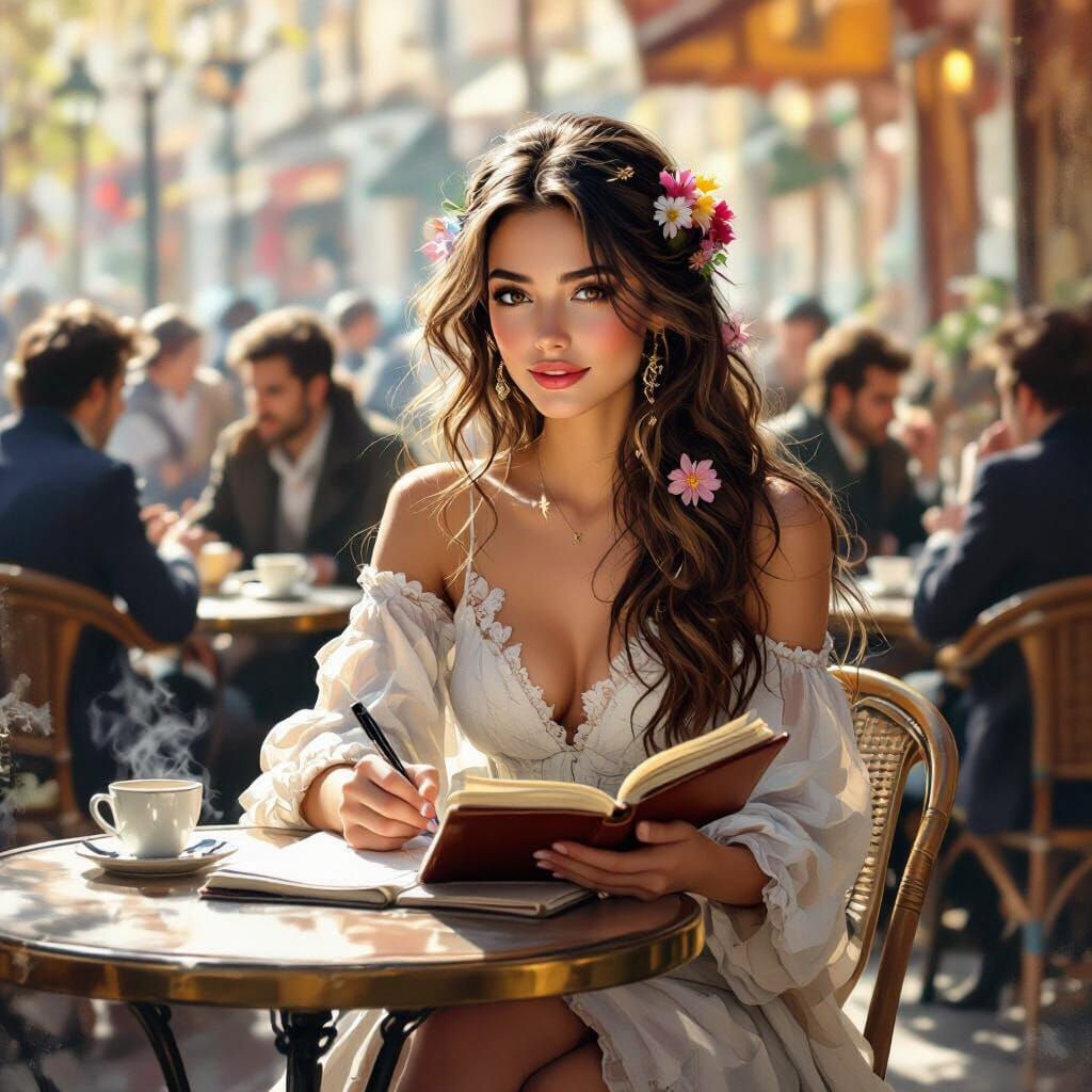 Parisian Cafe: Woman with Flowers, Impressionistic Style