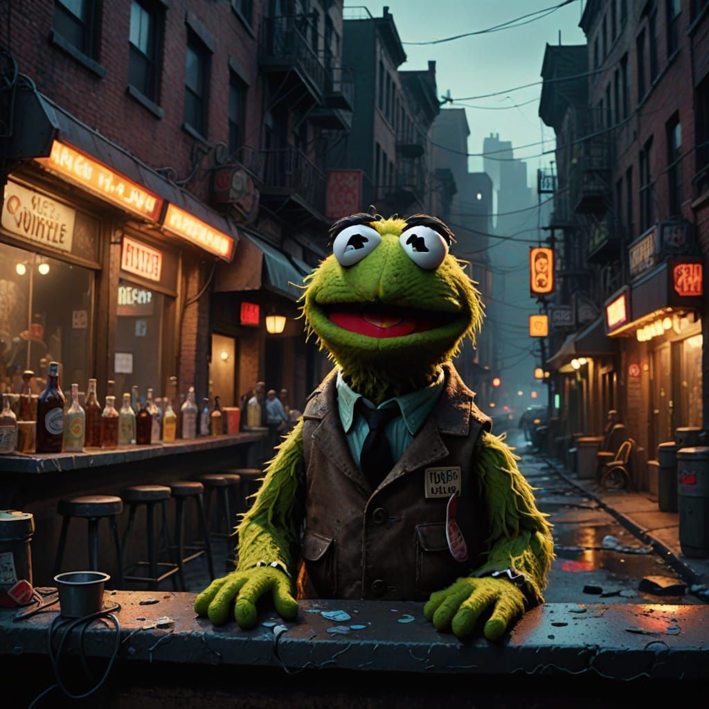 Muppet Character Watches Gritty City Street