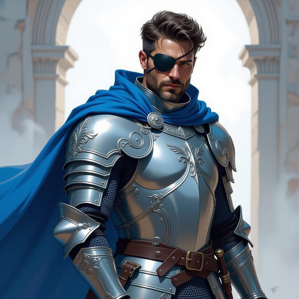 Knight in Silver Armor with Blue Cape and Eyepatch
