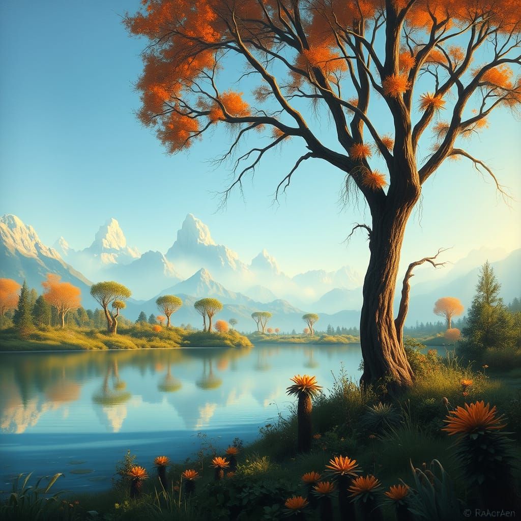 Surreal Alien Landscape in Neo-Impressionist Style