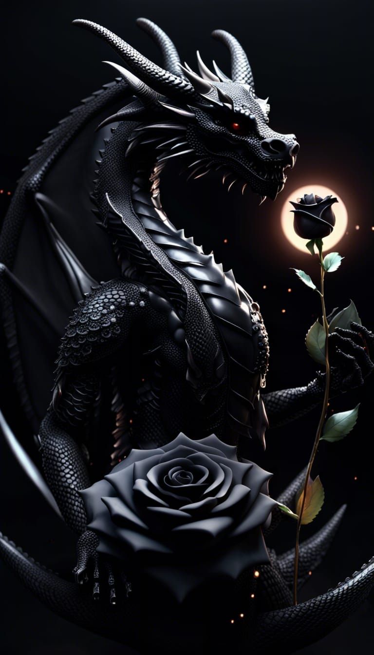 Black Dragon God with Rose in Dark Fantasy