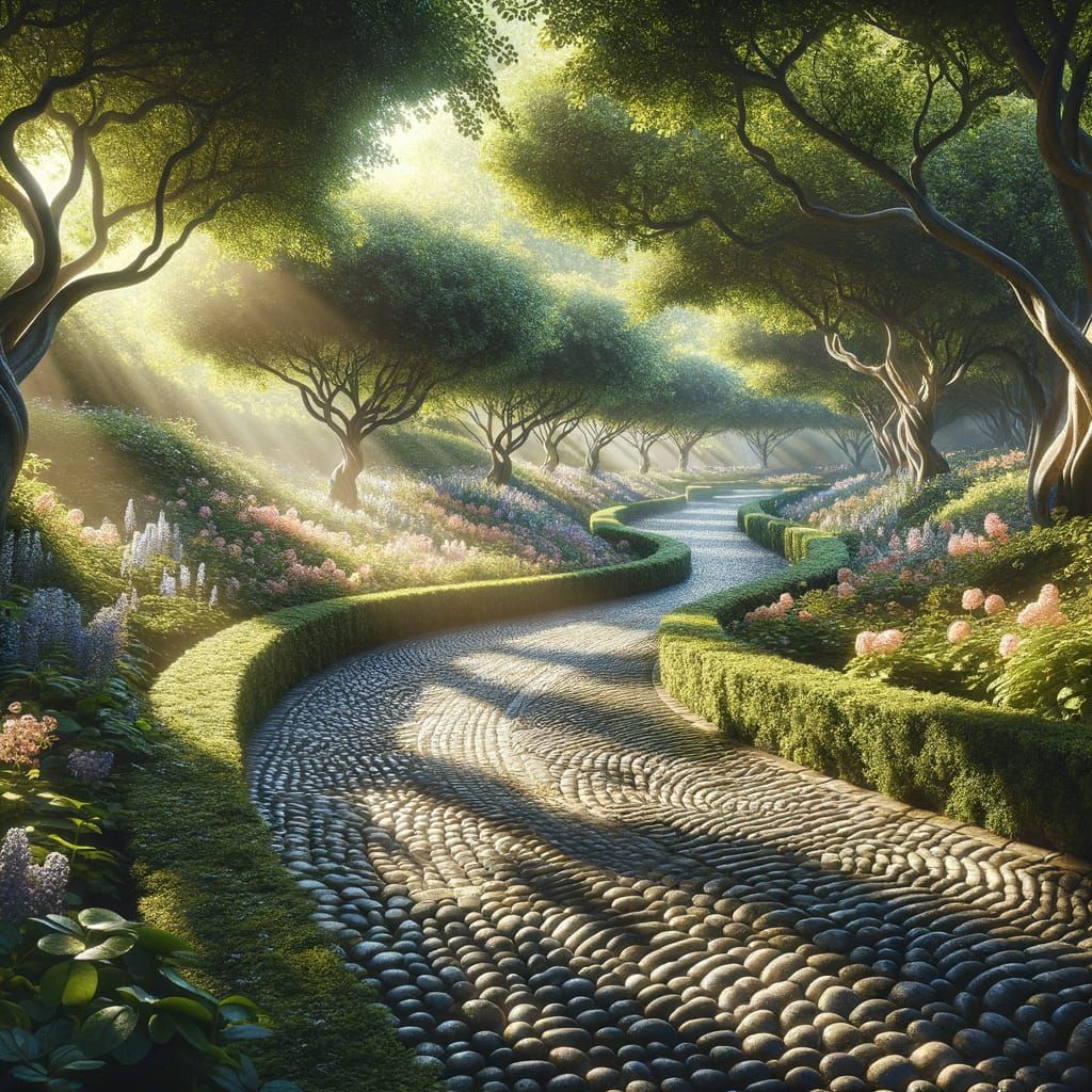 Hyperrealistic Garden Path in Gentle Sunlight