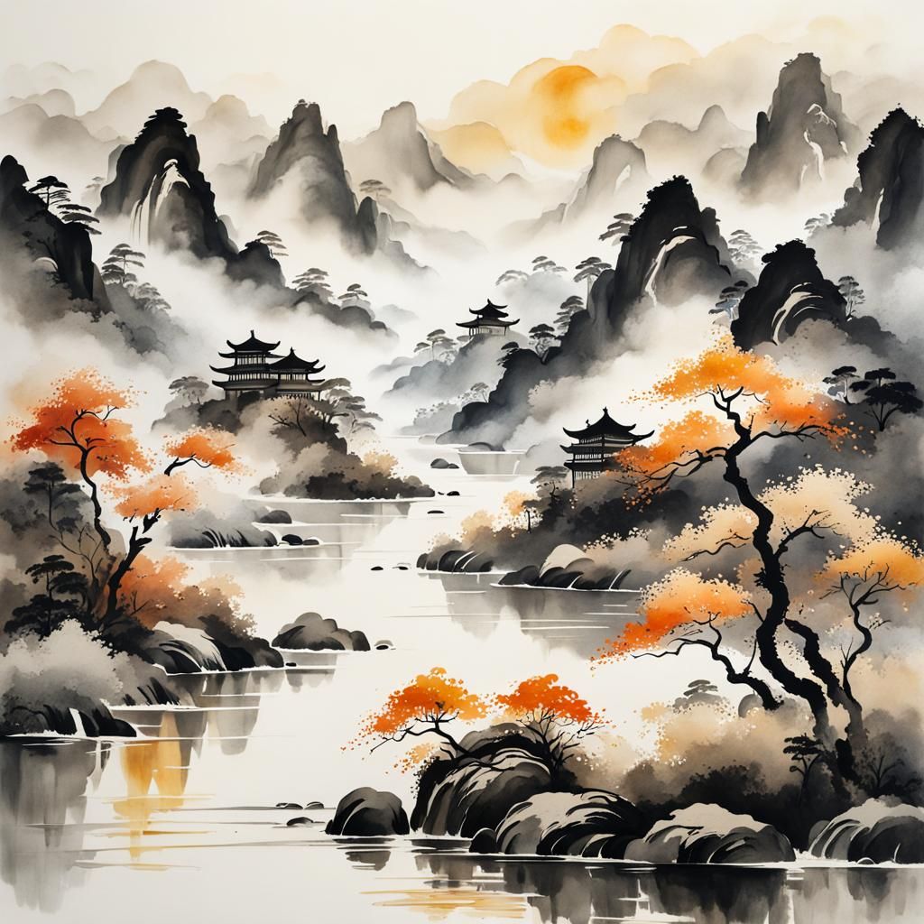 Muted Chinese Ink Painting of Flowing Rivers