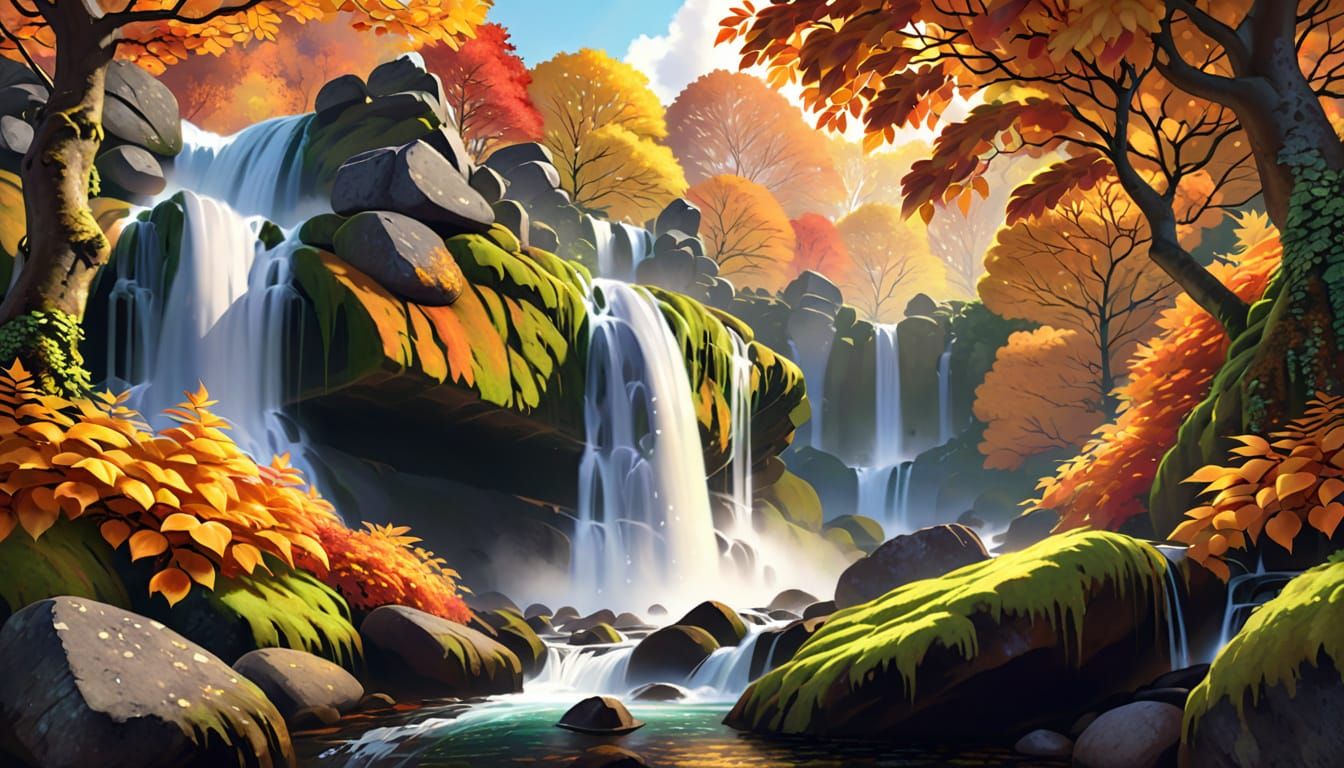 Autumn Waterfall Serenity in Detailed Fantasy Art