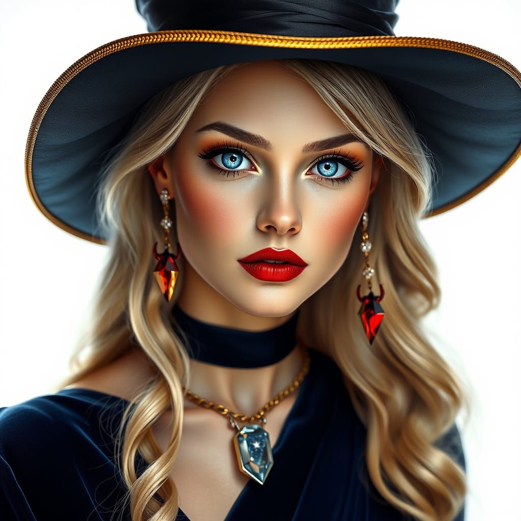 Elegant Regal Woman in Dark Blue Velvet Gown and Black Satin...