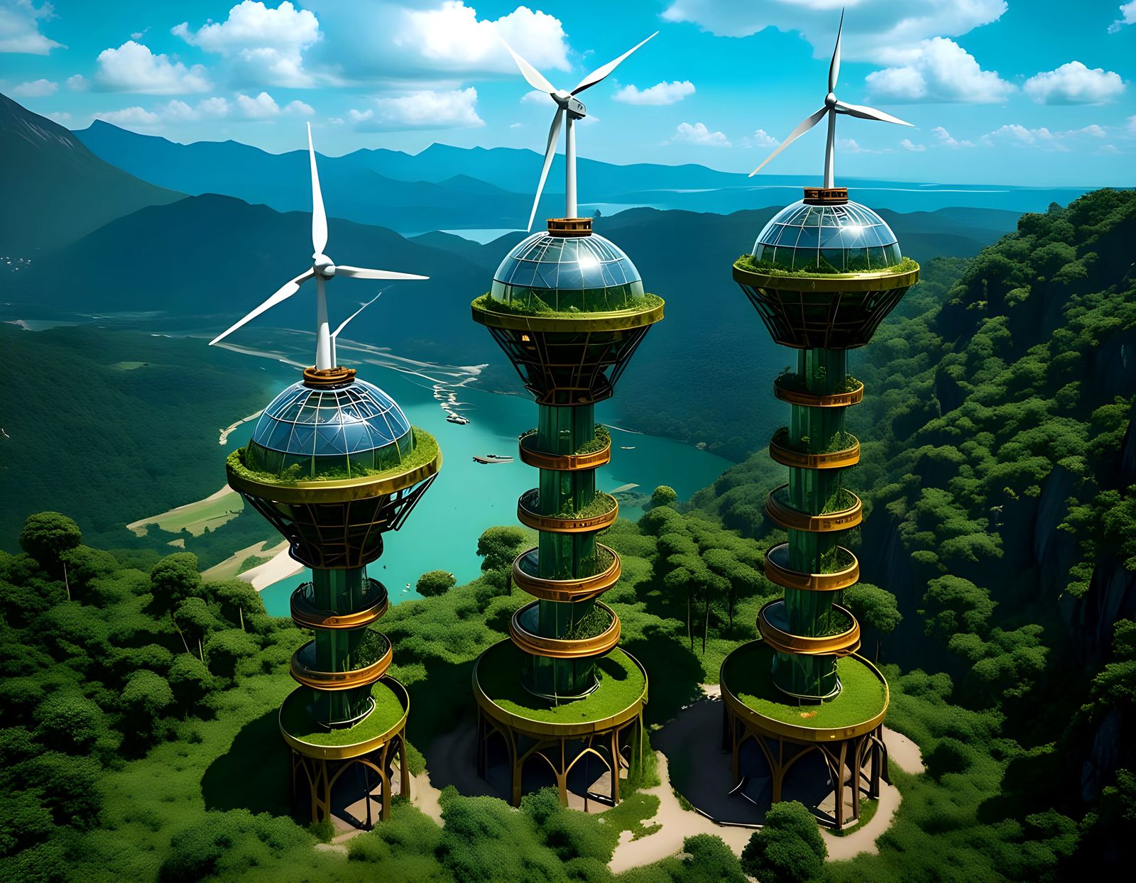 Three Solarpunk Towers on a Sunny Day