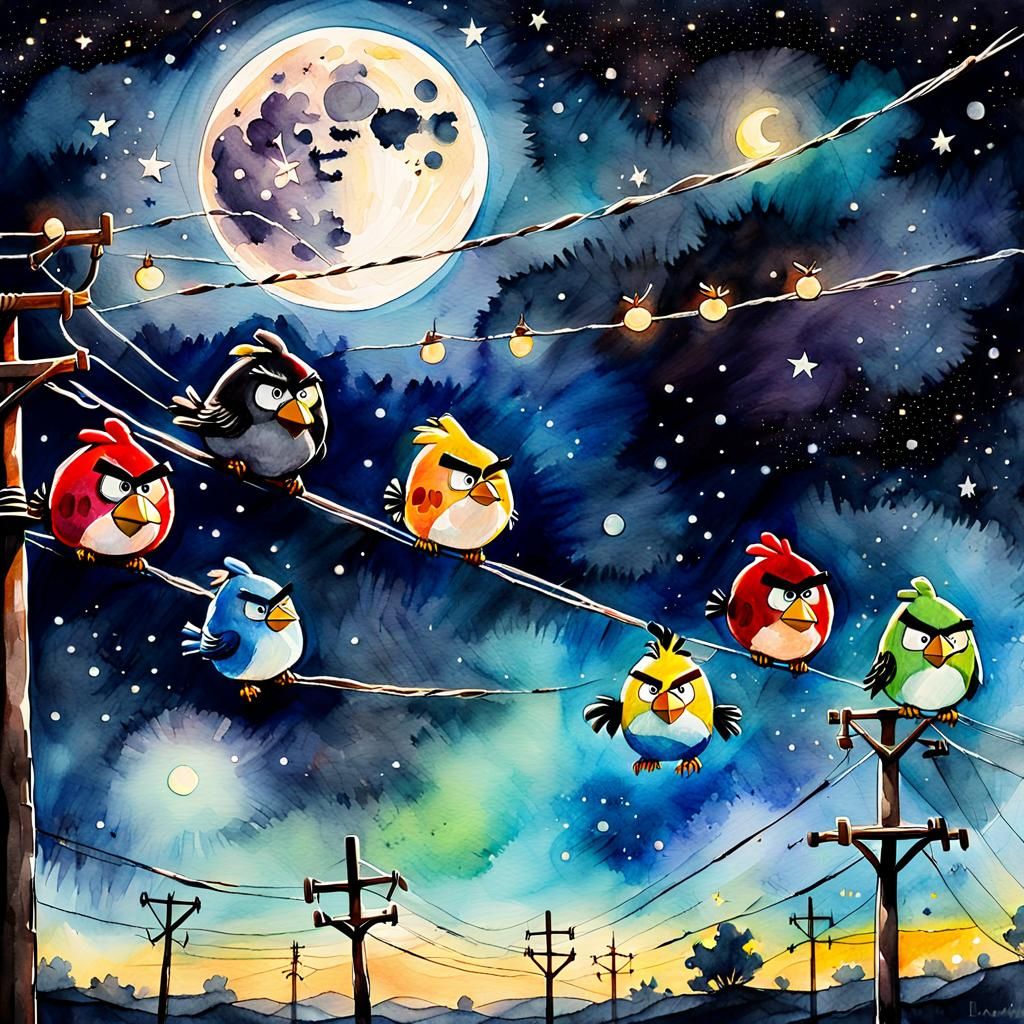 Colorful Angry Birds at Night as Watercolor Painting