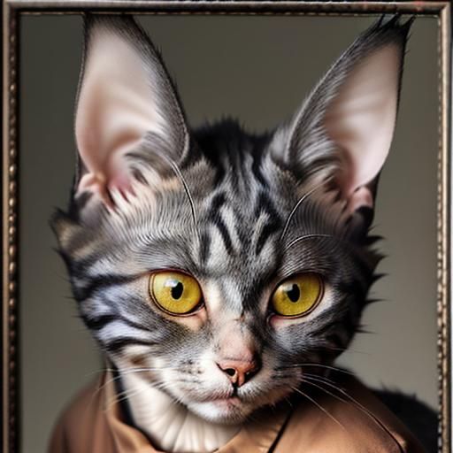 "A grotesque portrait of a cat with eyes for ears."