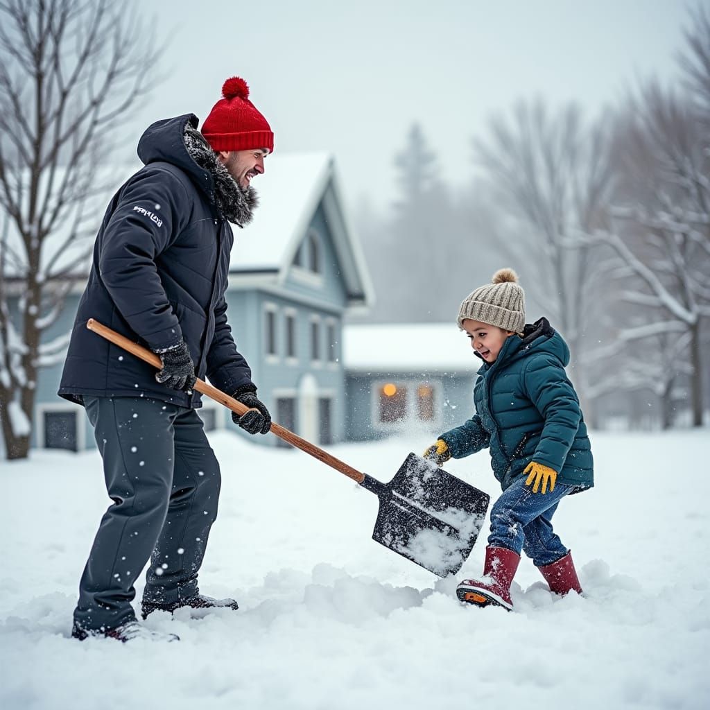 Humorous Scene: Small Man with Giant Shovel