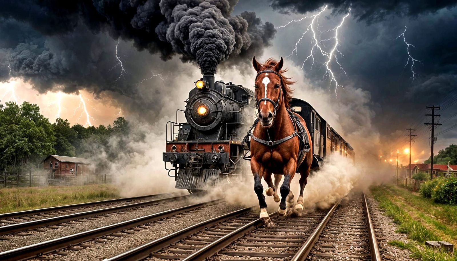 Horse Races Train in Lightning Storm