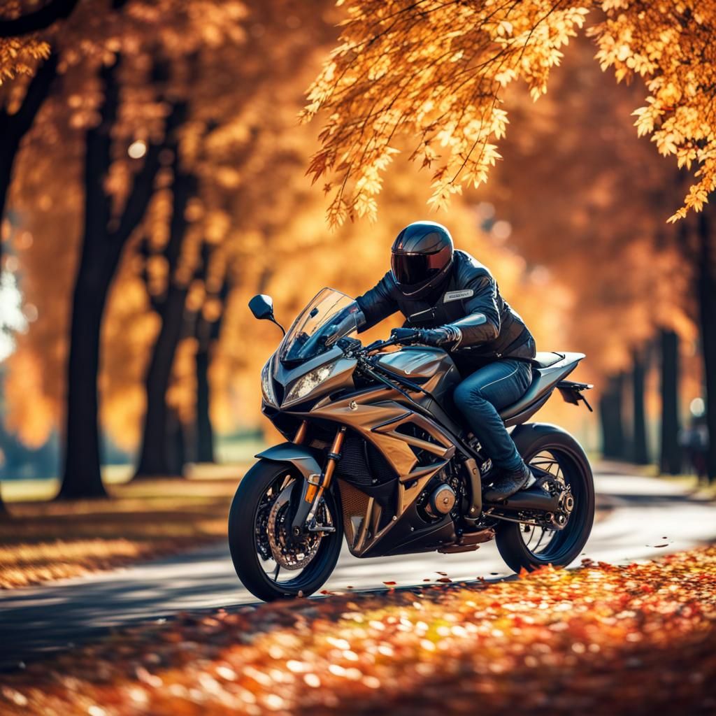 Motorcyclist Rides Sport Bike Through Autumn Park