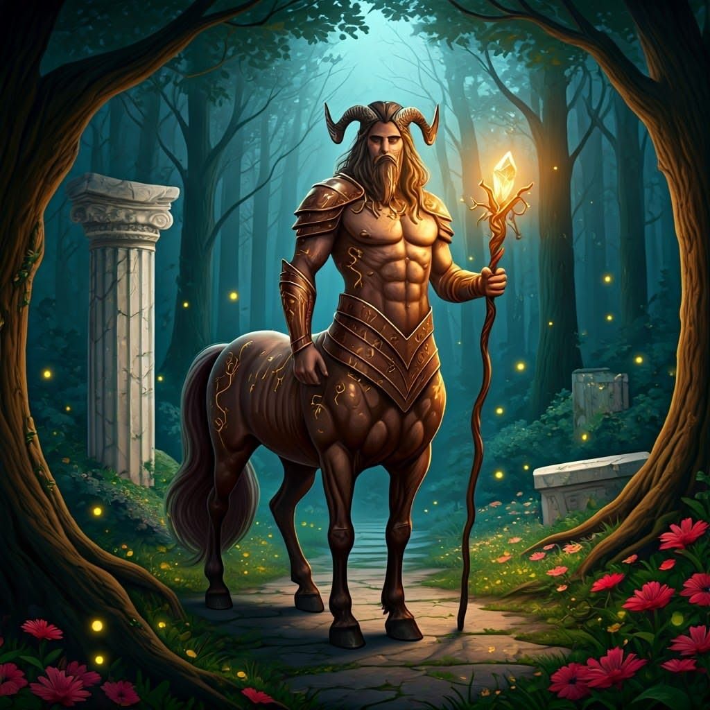 Greek Centaur Guardian in Mystical Twilight Forest