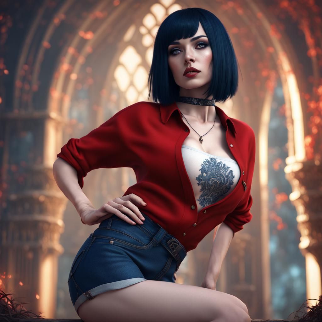 Gothic Woman in Red Shirt: Digital Matte Painting