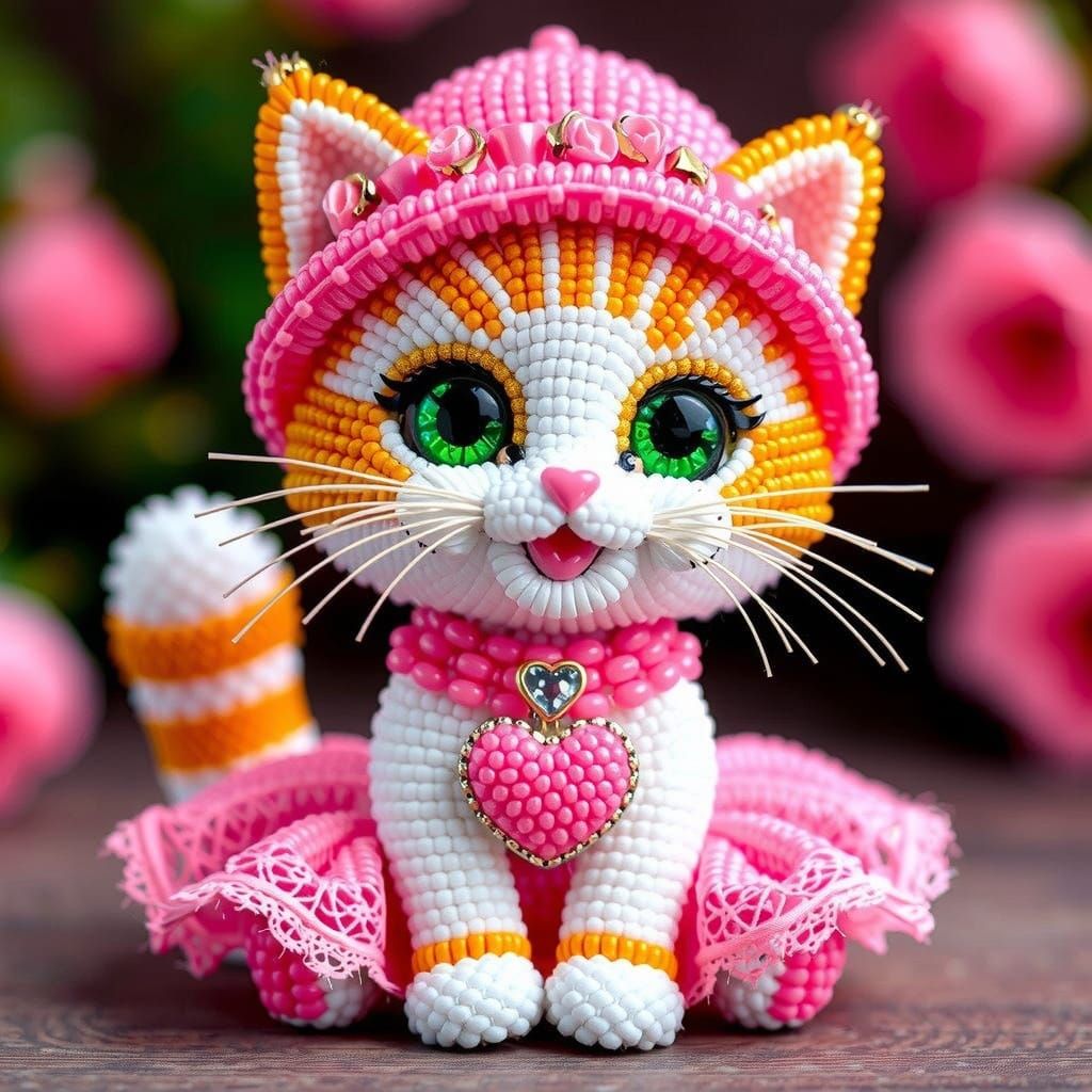 Beaded Kitten Figurine in 3D Beaded Art Style