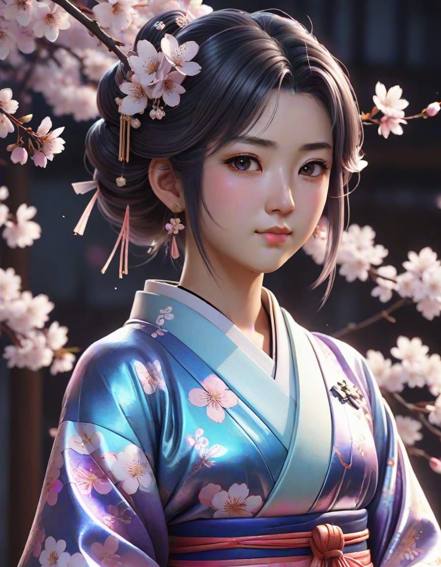 Japanese Goddess of Cherry Blossoms in Iridescent Kimono