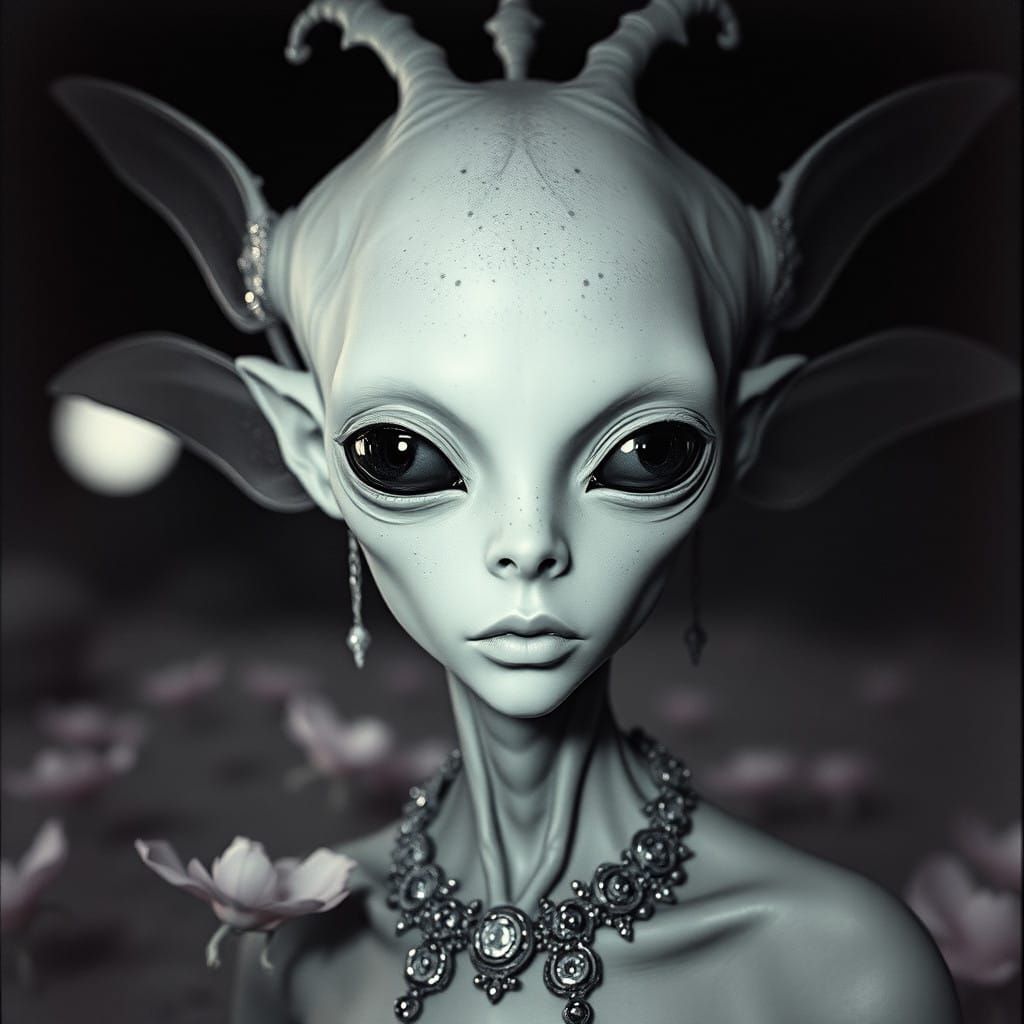 Cyberpunk Alien Fairy Portrait in High Contrast Black and Wh...