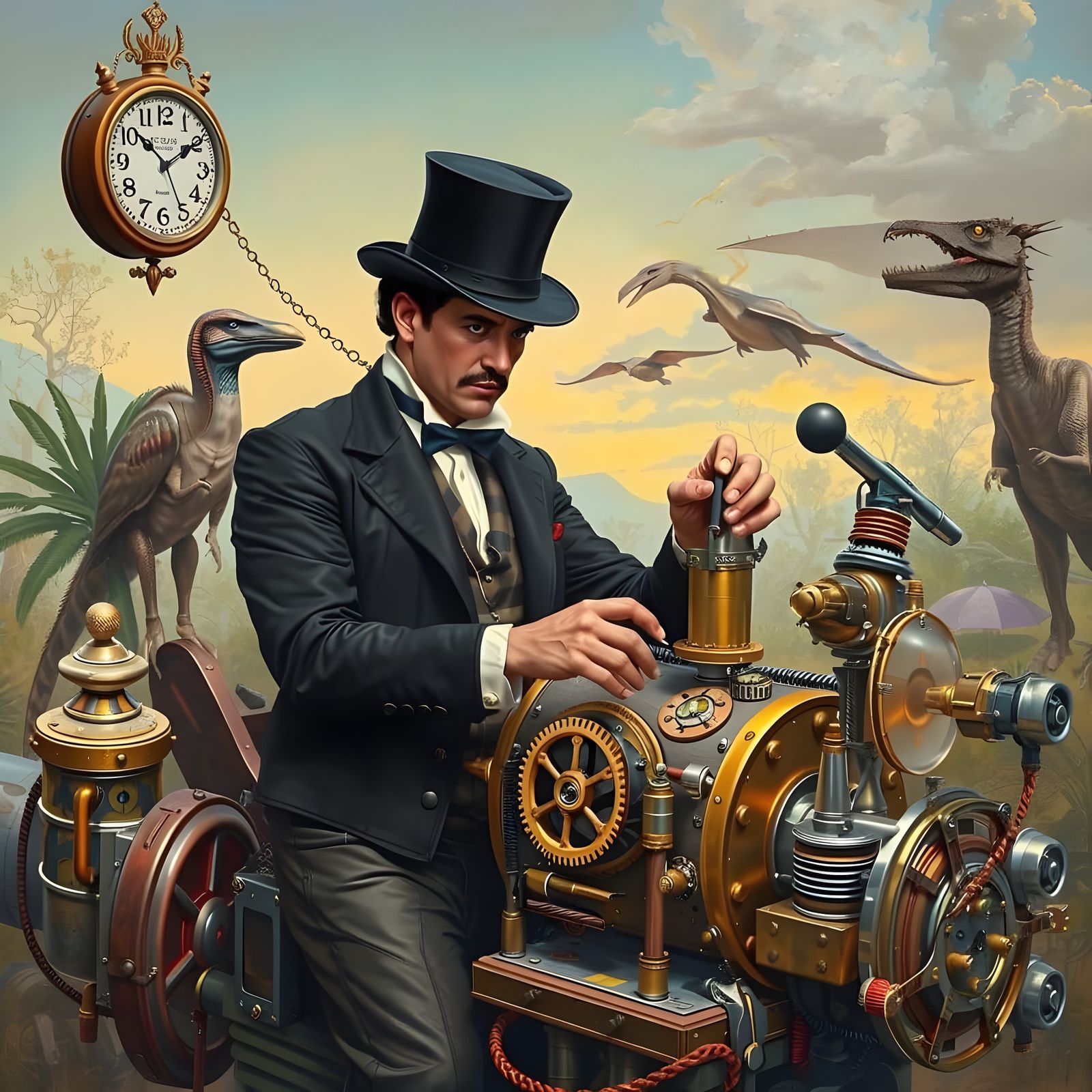 Steampunk Time Machine in Dinosaur Era as Oil Painting