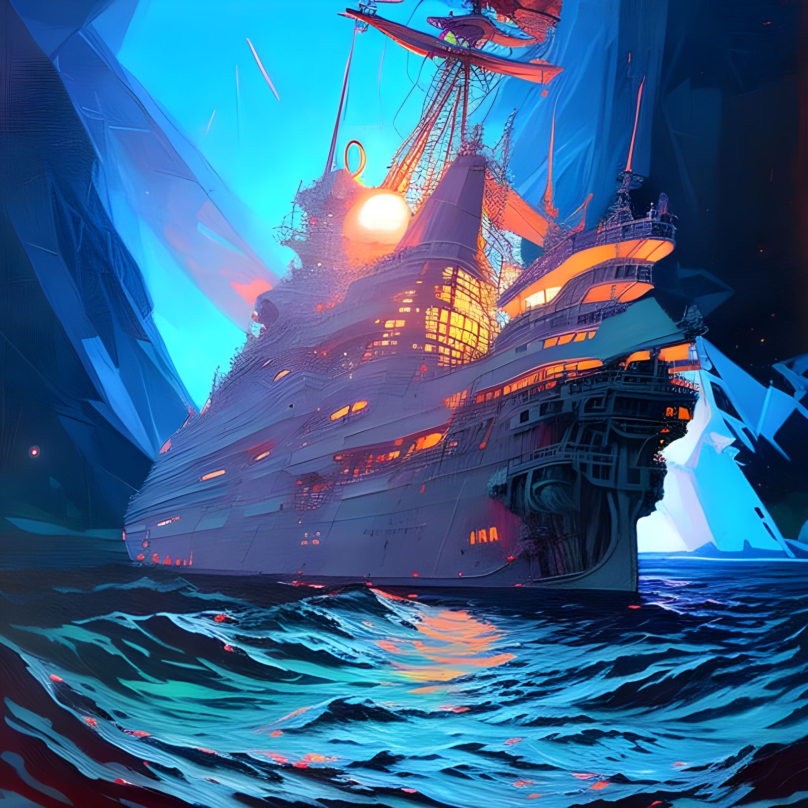 Creepy Glowing Ship at Night: A Fine Art Collage