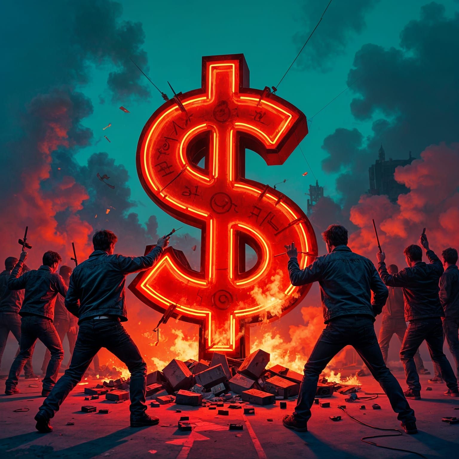 People Smash Dollar Sign Neon Sign in Thermal Imaging Style