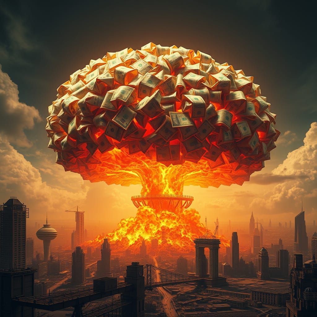 Post-Apocalyptic Cityscape Devastated by Fiery Currency Bomb