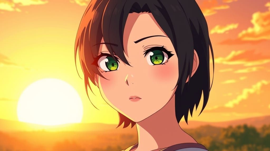 Defiant Anime Woman in Sunny Sunrise