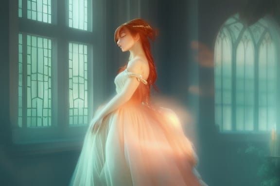 Peach Gown Portrait in Art Nouveau Style