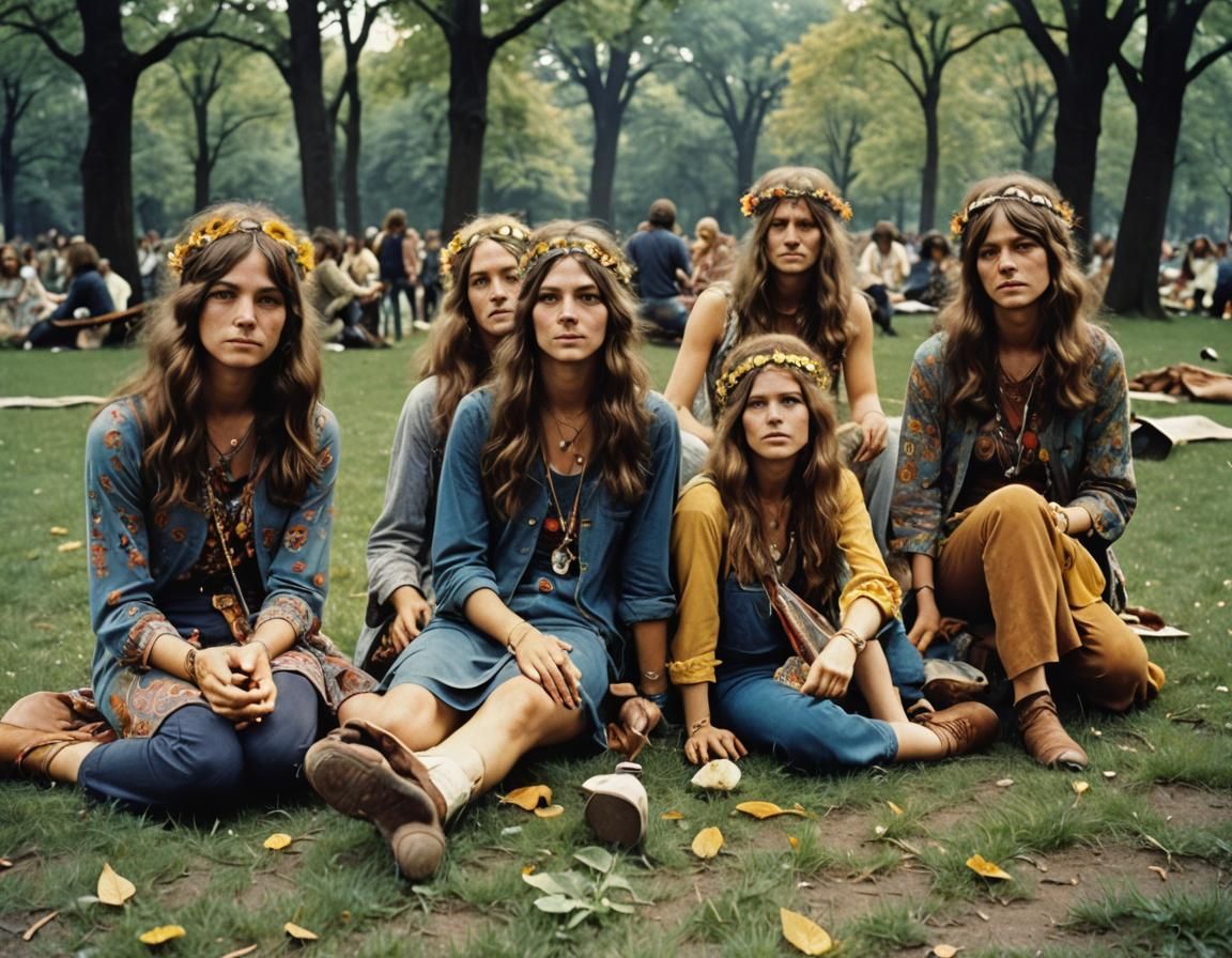 Hippie Girls in a City Park, 1960s Style