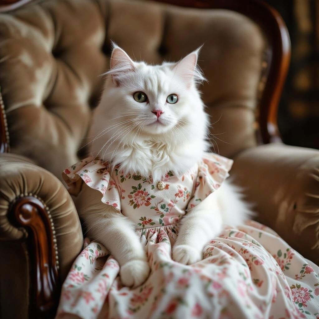 Fluffy White Cat in 1970s Dress on Velvet Armchair