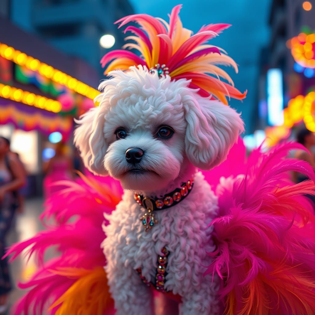 Glamorous White Poodle Dances at Rio Carnival in Vibrant Cos...