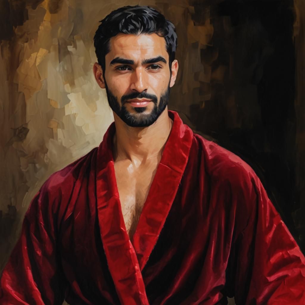 Attractive Man in Red Velvet Robe, Impasto Oil Portrait