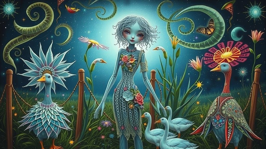 Folkloric Robot Twins in Surreal Eco-Art Garden