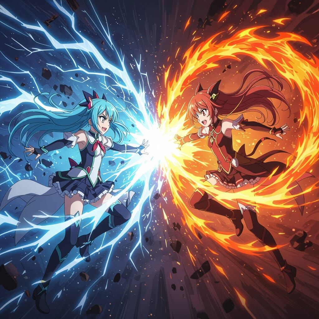 Anime Girls Clash With Lightning and Fire Attacks