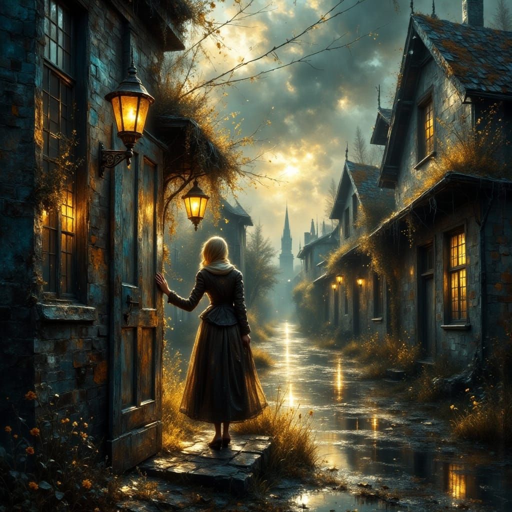 Eerie Woman in Surreal Town, Digital Art