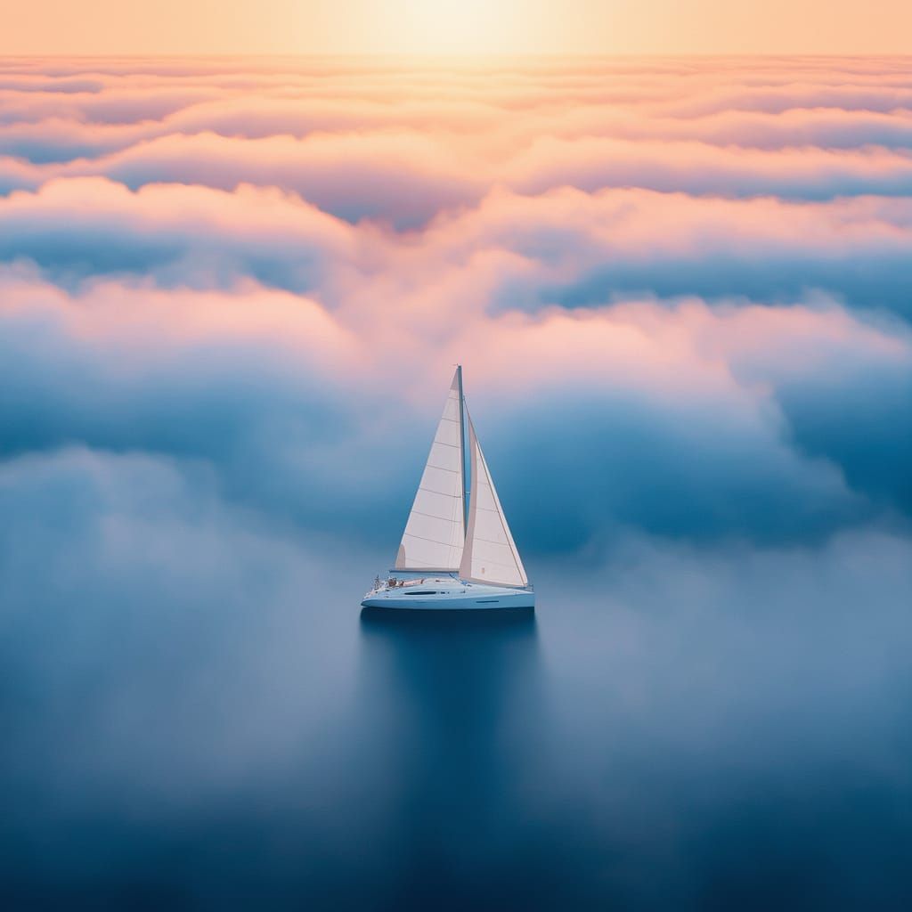 White Sail Drifting in Misty Blue Sea Fog