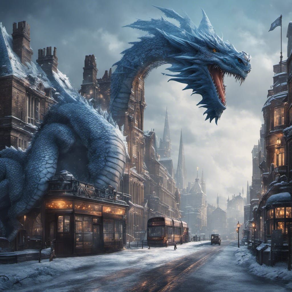 Frozen Dragon in London, Detailed Matte Painting