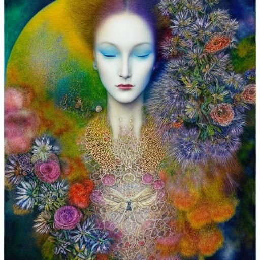 Surreal Space Flower with Dragonfly Woman in Watercolor