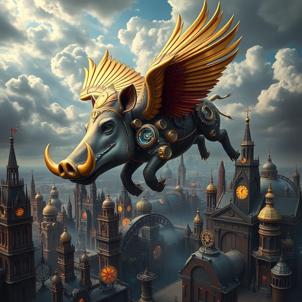 Steampunk Warthog Soaring Above Clockwork Kingdom